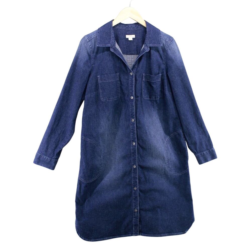 J. Jill Denim Shirt Dress M Button Front Indigo Blue Knee Length Pocket Shift